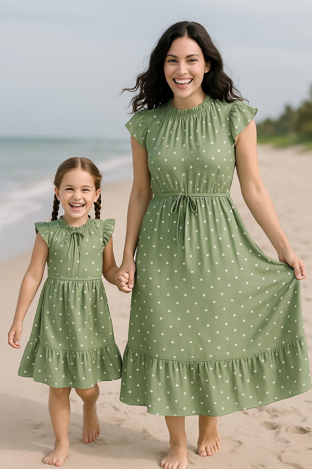 Sage Polka Dot Mommy & Me Kleider, Herbst Mama Und Ich Passende Outfits, Rayon Mutter Tochter Kleid, Kleid Sage Polka Dot Mommy & Me Kleider, Herbst Mama Und Ich Passende Outfits, Rayon Mutter Tochter Kleid, Kleid von TinyTotsKids