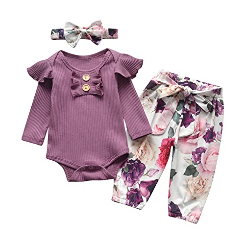 Tinykeke Neugeborenes Baby Mädchen Kleidung Sets Kleinkind Langarm Strampler Rüschen Tops & Blumen Bedruckte Hosen und Stirnband 3 Stück Outfits Sets (0-3 Monate) Lila von Tinykeke