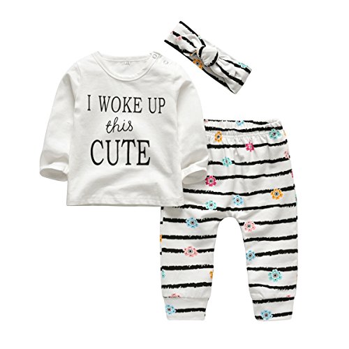 Tinykeke Baby Mädchen Kleidung Kleinkind Outfits Langarm T-shirt Tops + Blumen Hosen + Stirnband 3 tlg Babykleidung Set (12-18 Monate) von Tinykeke