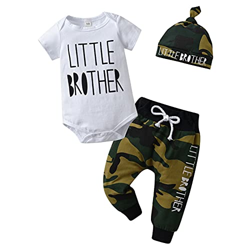 Tinykeke Neugeborenes Baby Jungen Kleidung Kurzarm Strampler Little Brother Tops + Hut + Tarnung Hose Sommer 3 tlg Babykleidung Set (6-9 Monate) Weiß von Tinykeke