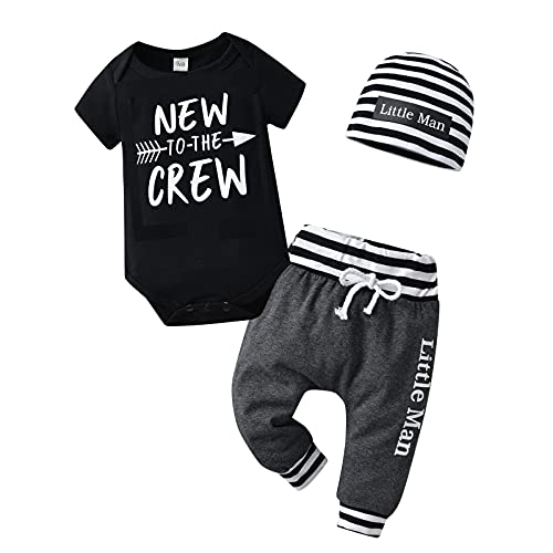 Tinykeke Neugeborenes Baby Jungen Kleidung Kurzarm Strampler New to The Crew Tops + Hut + Hose Sommer 3 tlg Babykleidung Set (0-3 Monate) Schwarz von Tinykeke