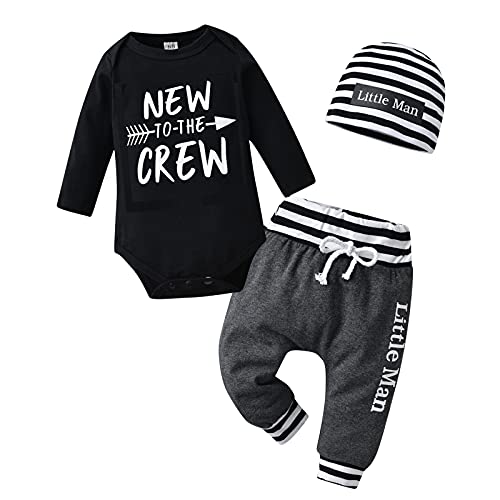 Tinykeke Neugeborenes Baby Jungen Kleidung Langarm Strampler New to The Crew Tops + Hut + Hose 3 tlg Babykleidung Set (0-3 Monate) von Tinykeke