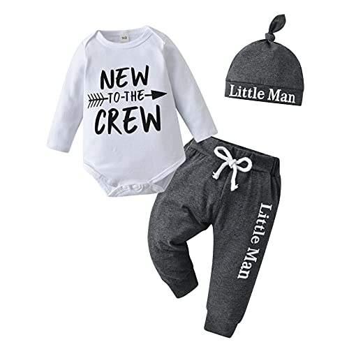 Tinykeke Neugeborenes Baby Jungen Kleidung Langarm Strampler New to The Crew Tops + Hut + Hose 3 tlg Babykleidung Set (0 Monate) von Tinykeke