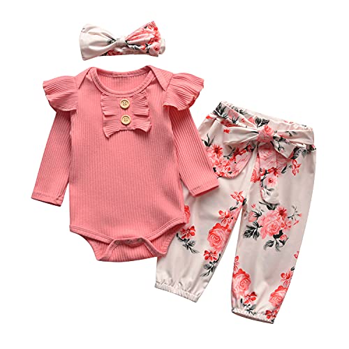 Tinykeke Neugeborenes Baby Mädchen Kleidung Sets Kleinkind Langarm Strampler Rüschen Tops & Blumen Bedruckte Hosen und Stirnband 3 Stück Outfits Sets (0-3 Monate) Rosa von Tinykeke