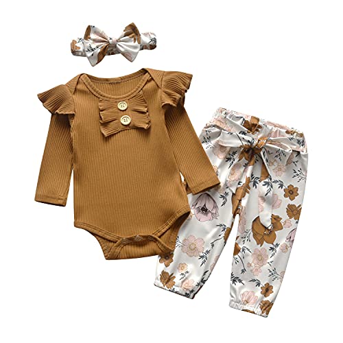 Tinykeke Neugeborenes Baby Mädchen Kleidung Sets Kleinkind Langarm Strampler Rüschen Tops & Blumen Bedruckte Hosen und Stirnband 3 Stück Outfits Sets (0 Monate) Braun von Tinykeke