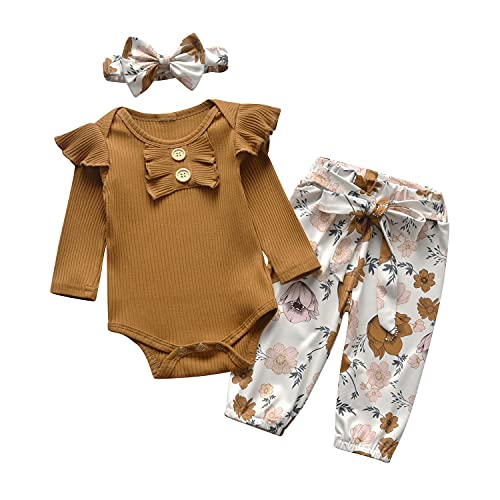 Tinykeke Neugeborenes Baby Mädchen Kleidung Sets Kleinkind Langarm Strampler Rüschen Tops & Blumen Bedruckte Hosen und Stirnband 3 Stück Outfits Sets (3-6 Monate) Braun von Tinykeke