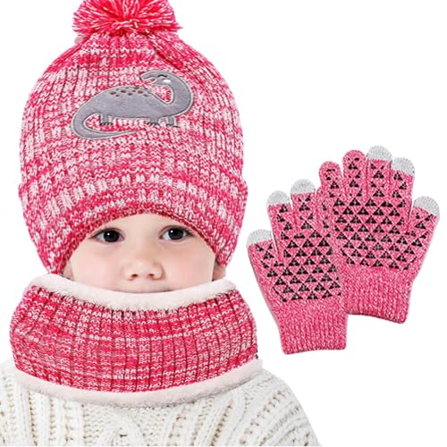 Mütze-Schal-Handschuhe-Set für Kinder - Gestrickte Schalhandschuhe mit süßem Dinosaurier-Print | Wintergeschenke, Halstücher für Jungen und Mädchen von 2–8 Jahren, Winter-Sets für Camping, Tioheam von Tioheam