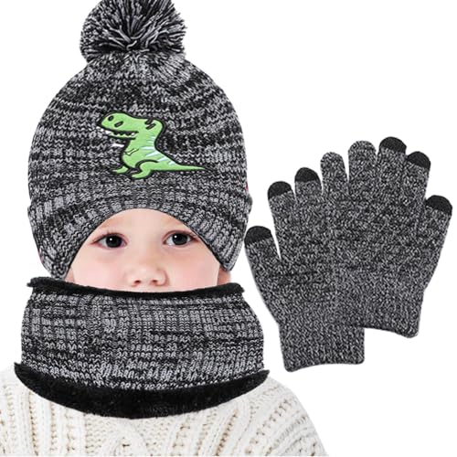 Set mit Mütze, Mütze, Schal und Handschuhen für Kinder - Gestrickte Schalhandschuhe mit süßem Dinosaurier-Print - Wintergeschenke, Halstücher für Jungen und Mädchen von 2–8 Jahren, Winter-Sets Tioheam von Tioheam