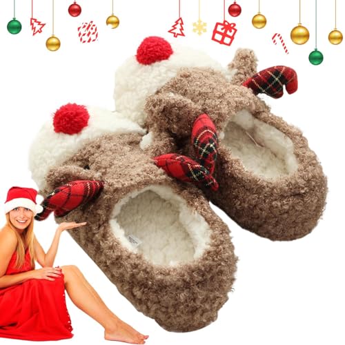 Weihnachts-Indoor-Schuhe - Waschbare Weihnachts-Plüsch-Hirsch-Hausschuhe für den Innenbereich | Multifunktionale Weihnachten Schlafzimmer Schuhe Frauen Fuzzy Rentier Hausschuhe für Frauen Tioheam von Tioheam