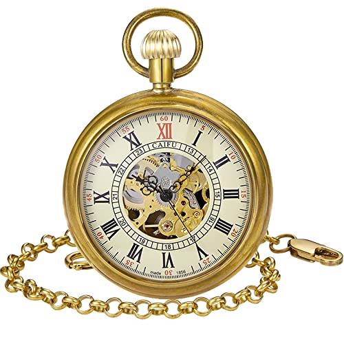 Tiong Antike Kupfer Mechanische Steampunk Skelett Taschenuhr mit Kette Einfache offene Gesicht römische Ziffern Anhänger von Tiong