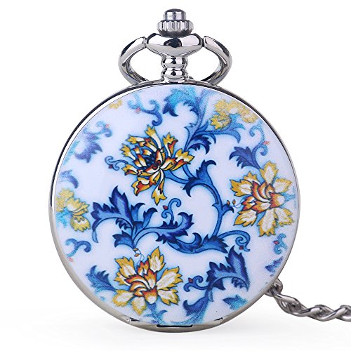 Creative blau und weiß Porzellan Retro Taschenuhr Boutique Unisex römischen Ziffern mechanische Taschenuhr mit Kette von Tiong