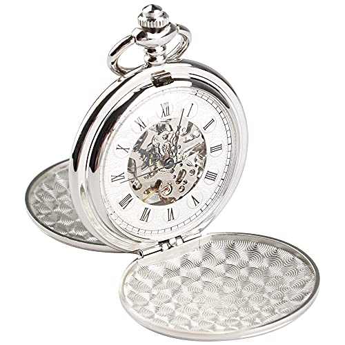 Double Hunter Mechanische Taschenuhr Voll Luxus Silber Farbe Männer Frauen Stilvoll Retro FOB Hand Wind Bräutigam Bräutigam Hochzeit Taschenuhren Geschenk mit Box von Tiong