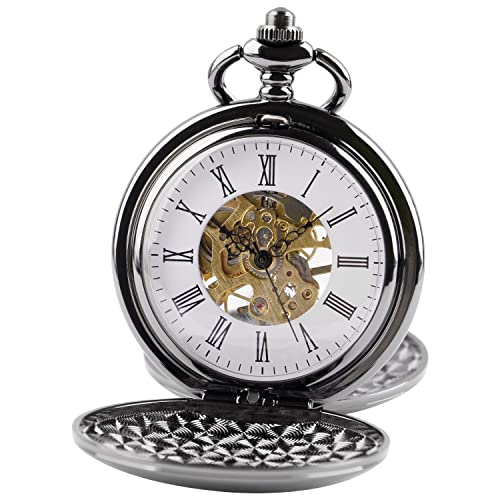 Tiong Mechanische Taschenuhr Handaufzug Steampunk Double Hunter Taschenuhr Gravierte Römische Ziffern für Männer mit Geschenkbox von Tiong