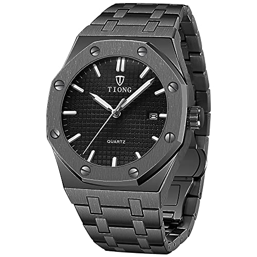 Herren Uhr Edelstahl Wasserdicht Metallarmband Analoger Quarzuhr Date Armbanduhr Männer Zeiger Leuchtende (Black) von Tiong