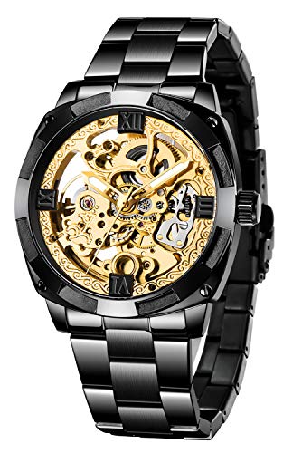 Tiong Automatik Uhr Herren Mechanische Skelett Glasboden Römische Zahlen Diamant Zifferblatt Wasserdicht Schwarz Männer Armbanduhr mit Edelstahl Uhren (Black Gold) von Tiong