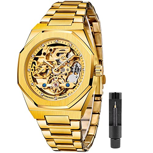 Tiong Herren Skeleton Automatische mechanische Uhr Gold Skeleton Vintage Man Watch Herrenuhren von Tiong