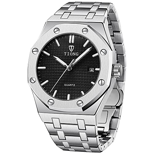 Tiong Herren Uhr Edelstahl Wasserdicht Metallarmband Analoger Quarzuhr Date Armbanduhr Männer Zeiger Leuchtende,Vatertagsgeschenk von Tiong