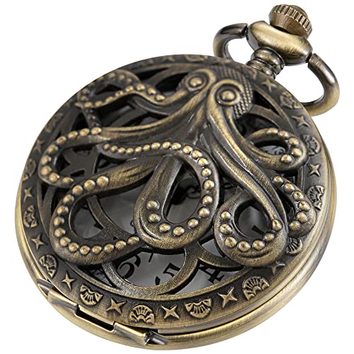 Tiong Vintage Octopus Hohl Quarz Taschenuhr Steampunk Bronze Taschenuhr mit Halskette Geschenk für Männer von Tiong