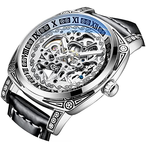 Leder Herren Armbanduhr, Vintage Gravur Mode Luxus Automatik Mechanische Uhr Wasserdichte Lederuhr für Herren, TSE003-Silver Black-US, Mechanisch von Tiong