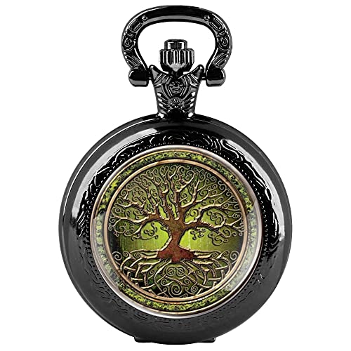 Tiong Life Tree Patch Taschenuhr Schwarzes Glas Runde Quarz Taschenuhr Herrenmode Patch Quarz Taschenuhr mit Kette Männer, Ph003-uk von Tiong