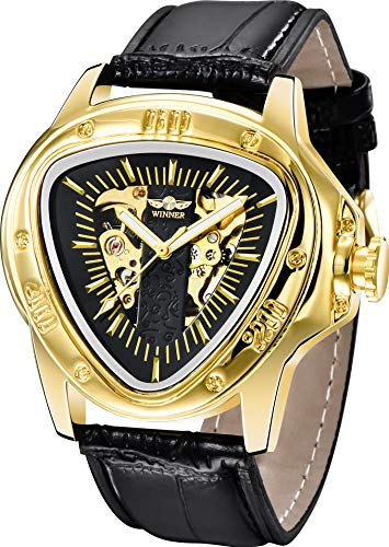 Mode automatische mechanische Herren-Armbanduhr Triangle Racing Dial Goldenes Skelett-Zifferblatt (W996-Gold Black) von Tiong