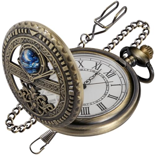 Tiong Bronze ausgehöhlte Mondphase Quarz Herren Taschenuhr römische Ziffern weißes Zifferblatt Taschenuhr mit Kette, Cf-new20 von Tiong