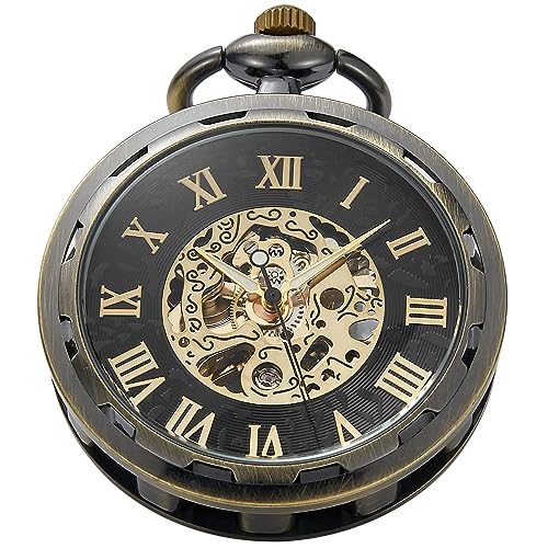 Tiong Bronze uncovered Design Mechanische römische Ziffern Steampunk Taschenuhr Herrenuhr mit Kette und Box-Bronze, Mpw153-UK, Klassisch Uhr von Tiong