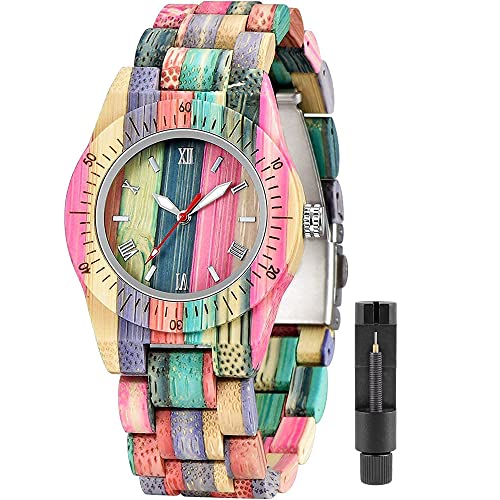 Tiong Damen-Holzuhr | Bunte Quarz-Holz-Damenuhr mit verstellbarem Armband Muttertag… von Tiong