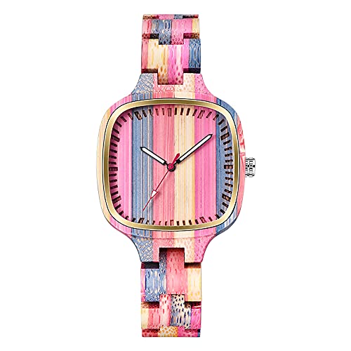 Tiong Damen Holzuhr Natürliche Bunte Bambus Holzuhren Analog Quarz Armbanduhr Verstellbar Holz Armband Leichte Holzuhr von Tiong
