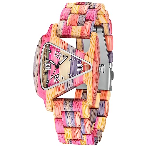 Tiong Damenuhr mit Holzdesign|Bunte Holzuhr mit verstellbarem Armband|Damen Quarzuhr| Locker & Alltagskleidung |Damen Holzuhr von Tiong