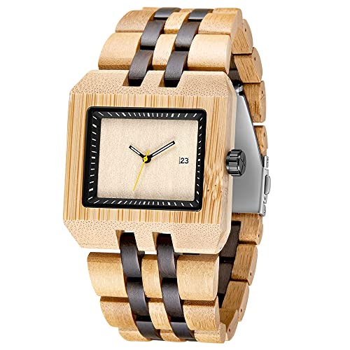 Tiong Herren Holzuhr,einfaches quadratisches Design,analoge Quarz-Holzuhr Beige Business Uhr für Herren,Quadratische Herren holzuhr von Tiong