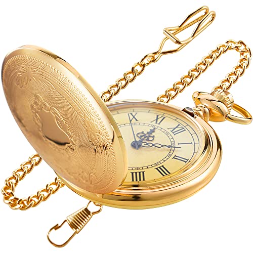 Tiong Goldfarbene Quarz-Taschenuhr mit glattem Schild, rundes Gehäuse, japanisches Uhrwerk mit Gürtelclip, Kette, Gold, Mb-cfj021, Modern von Tiong