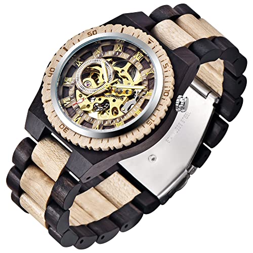 Tiong Herren Holzuhr Mechanische Uhren Skelett Automatische Selbst-Wicklung Leichtgewicht für Männer Armbanduhr von Tiong