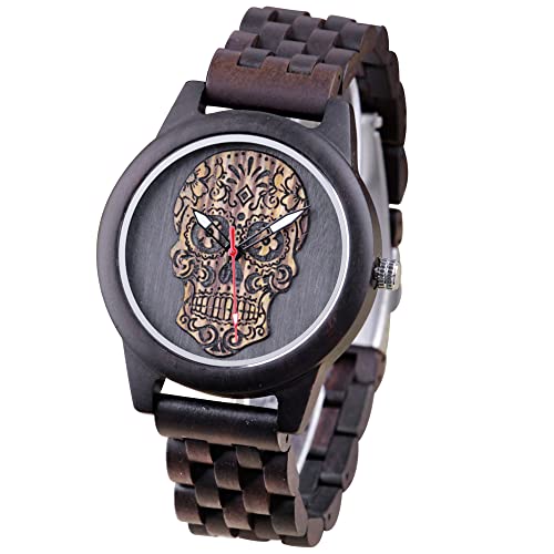 Tiong Herren Holzuhr Zifferblatt mit graviertem Knochengesichtsmuster Bambus Quarz-Uhr Für Männer Handgefertigte Hölzerne Verstellbares Armband Holzarmband(Q2038) von Tiong