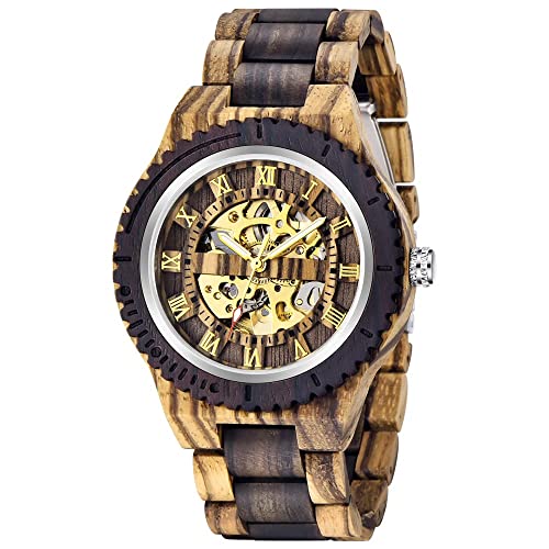 Tiong Herren Holz Mechanische Uhren Skelett Römische Ziffern Automatikaufzug Holzuhr Leichtgewicht für Männer Armbanduhr (Q1084) von Tiong