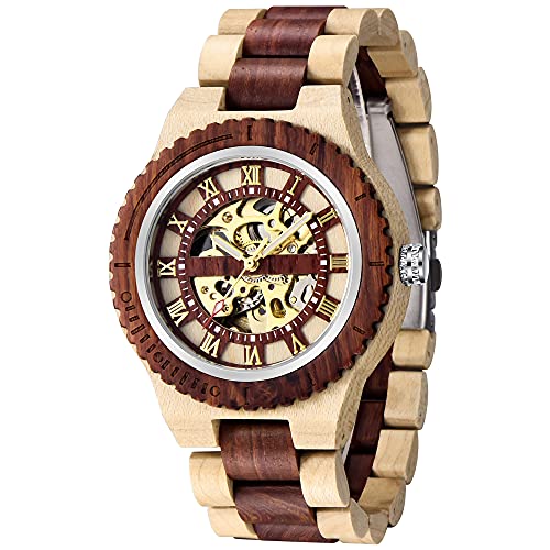 Tiong Herren Holz Mechanische Uhren Skelett Römische Ziffern Automatikaufzug Holzuhr Leichtgewicht für Männer Armbanduhr (Q1080) von Tiong
