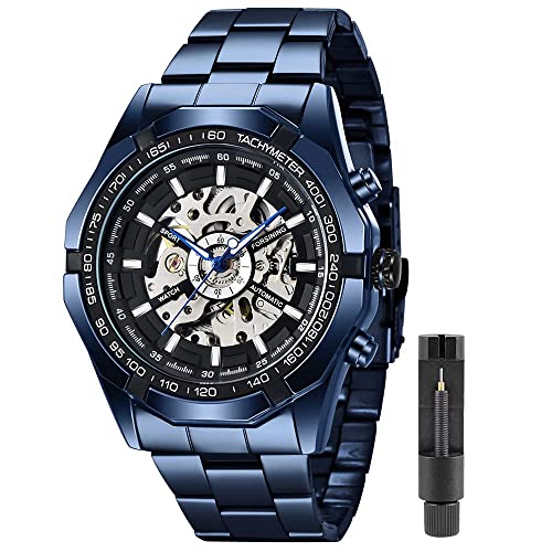 Tiong Herren Mechanische Uhr Edelstahl Herren Leuchtende Handuhr Skelett Römische Ziffern Wasserdicht Mechanische Uhr, S101-blau, Mechanisch von Tiong