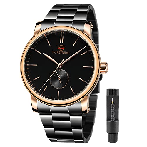 Tiong Herren Mechanische Uhr Edelstahl Herren Leuchtende Handuhr Skelett Römische Ziffern Wasserdicht Mechanische Uhr, S1164-Rose & Schwarz, Mechanisch von Tiong