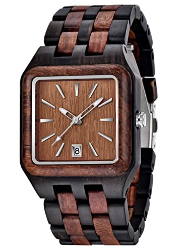 Tiong Herren Quadratuhr Natürliche Holzuhren Bambus Holzuhr Handgemachte Analog Quarz Verstellbar Holz Armband Leichte Holzuhren(Brown schwarz) von Tiong