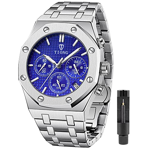 Tiong Herrenuhr Edelstahl Wasserdicht Chronograph Datum Business Analog Quarz Casual Business Uhr mit Box, Tiong Silber-Blau, Armband von Tiong