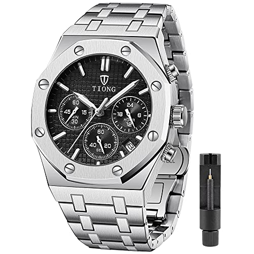 Tiong Herrenuhr Edelstahl Wasserdicht Business Analog Quarz Armbanduhr Casual Business Uhr mit Box Uhrenbeweger, Tiong-silber schwarz von Tiong