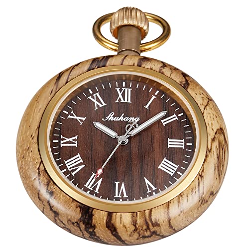 Tiong Holz-Taschenuhr mit 37 cm Langer Kette, handgefertigte Uhren, römisches, digitales Zifferblatt, Quarz, Holz-Taschenuhr für Damen und Herren, Uk-pwr-wood103… von Tiong