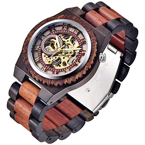 Tiong Holzuhr Mechanische Herren Uhren Skelett Automatische Selbst-Wicklung Leichtgewicht für Männer Rotbraun Gitterholz Armbanduhr(Q2022) von Tiong