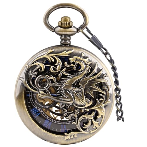 Tiong Männer Mechanische Taschenuhr mit Kette Schnitzen Muster Hohl Design Steampunk Hand Wind TaschenuhrBeste Geschenke von Tiong
