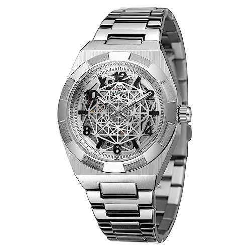 Tiong Mechanische Herrenuhr Edelstahl Automatik Skelett Uhr Wasserdicht Uhren für Männer Vatertagsgeschenk, 8266-Silber von Tiong