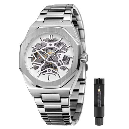 Tiong Mechanische Herrenuhren, automatische Business-Sportuhr für Herren, modische Uhren, silber-weiß von Tiong