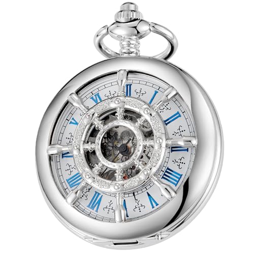 Tiong Mechanische Taschenuhr mit Kette Hohl gravierte Boot Ruder Römische Zahlen Männer Taschenuhr Weihnachten Geschenke Geburtstag von Tiong