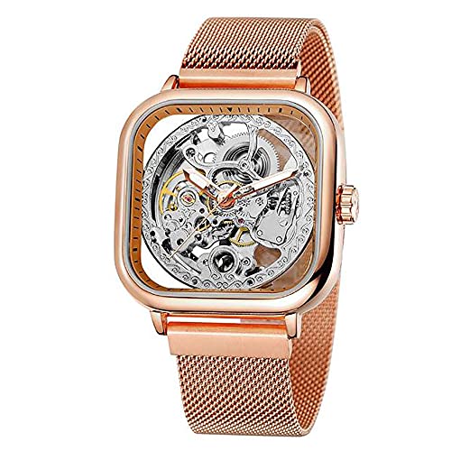 Tiong Modische automatische Uhren, mechanische Armbanduhr, goldfarben, für Herren, Skelettuhren mit transparentem Zifferblatt aus Edelstahl, GMT1148-Rose White, Mechanisch von Tiong