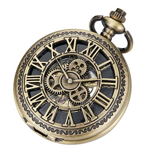 Tiong Retro Gear mechanische Taschenuhr Handaufzug Steampunk Taschenuhr mit Kette Geschenkbox für Herren von Tiong