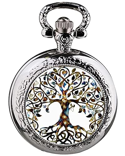Tiong Retro Silber Edelstahl Baum des Lebens Glas Cabochon Design Quarz Taschenuhr Geburtstage Frauen Mädchen von Tiong